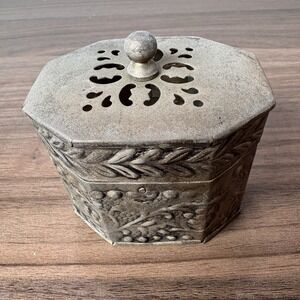 Vintage Stamped Floral‎ Brass Hexagon Trinket Lidded Trinket Box Made in India